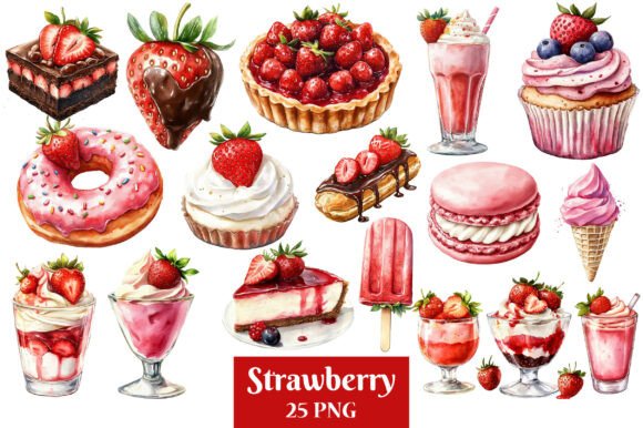Download Watercolor Strawberry Desserts Clipart - Premium Bundle